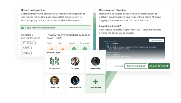 Preview of policy recipe creation, code generation for policies and assigning policy to AI agent